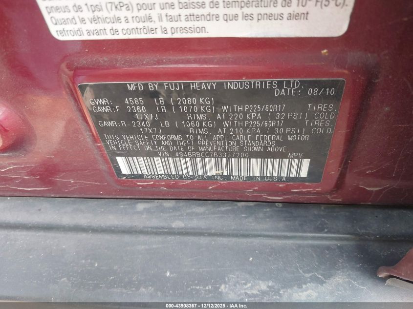 2011 Subaru Outback 2.5I Premium VIN: 4S4BRBCC7B3337200 Lot: 43908367