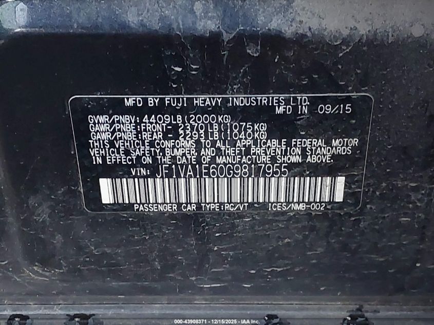 2016 Subaru Wrx Premium VIN: JF1VA1E60G9817955 Lot: 43908371