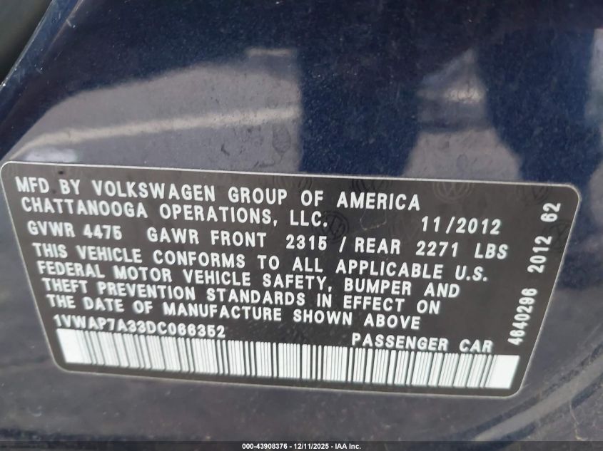 2013 Volkswagen Passat 2.5L S VIN: 1VWAP7A33DC066352 Lot: 43908376