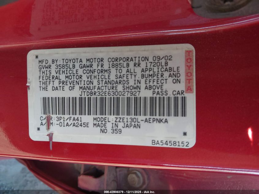 2003 Toyota Corolla Le VIN: JTDBR32E630027927 Lot: 43908379