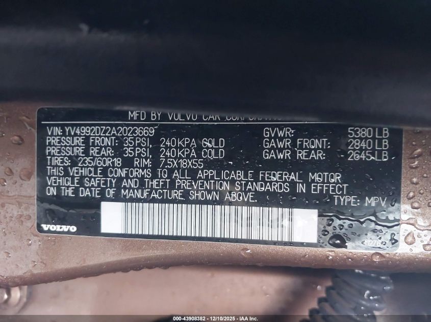 2010 Volvo Xc60 T6/T6 R-Design VIN: YV4992DZ2A2023669 Lot: 43908382