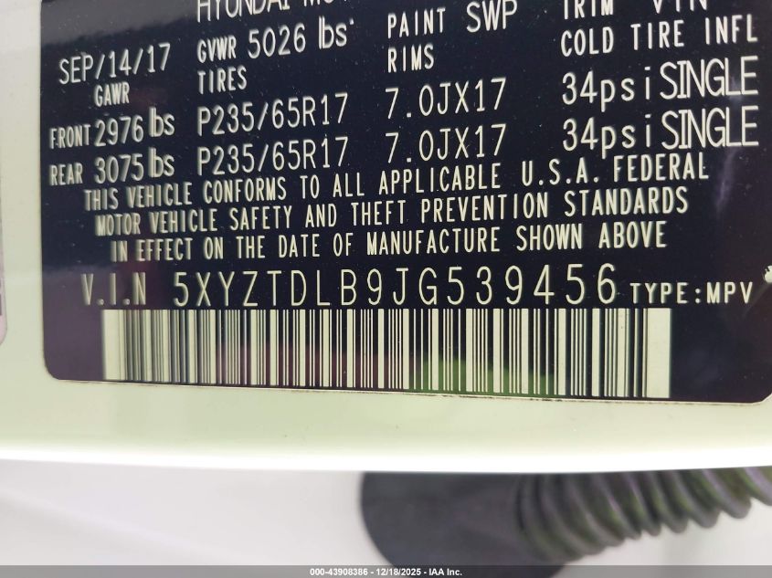 2018 Hyundai Santa Fe Sport 2.4L VIN: 5XYZTDLB9JG539456 Lot: 43908386