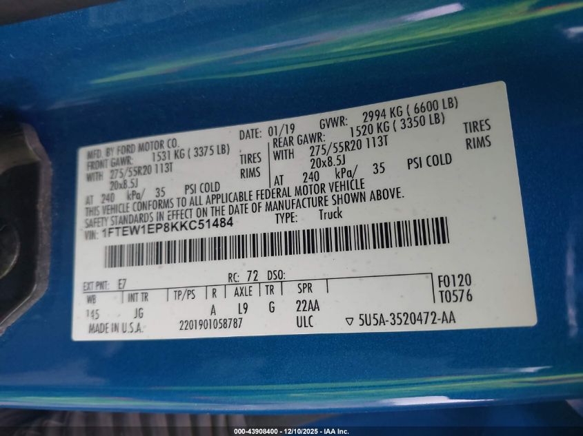 2019 Ford F-150 Xl VIN: 1FTEW1EP8KKC51484 Lot: 43908400