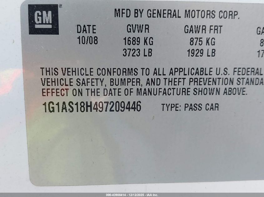 2009 Chevrolet Cobalt Ls VIN: 1G1AS18H497209446 Lot: 43908414