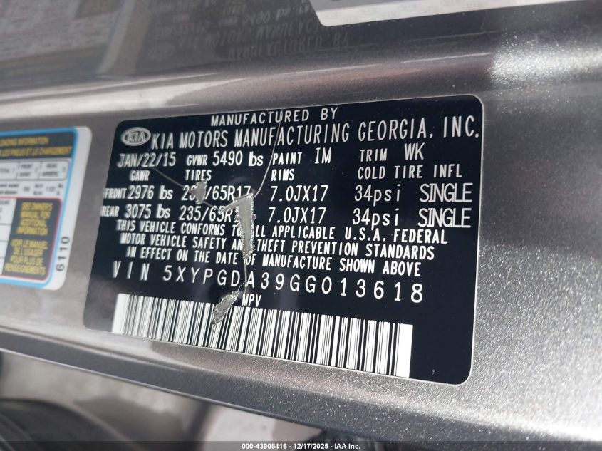 2016 Kia Sorento 2.4L Lx VIN: 5XYPGDA39GG013618 Lot: 43908416