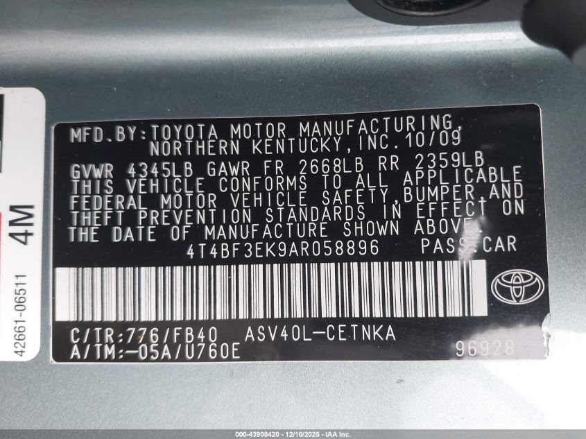 2010 Toyota Camry Le VIN: 4T4BF3EK9AR058896 Lot: 43908420