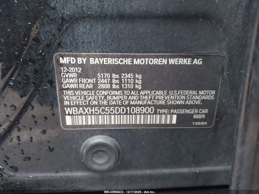 2013 BMW 528I xDrive VIN: WBAXH5C55DD108900 Lot: 43908432