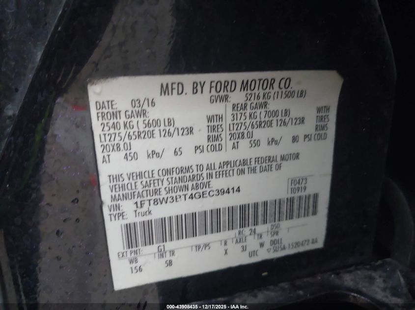 2016 Ford F-350 Lariat VIN: 1FT8W3BT4GEC39414 Lot: 43908435