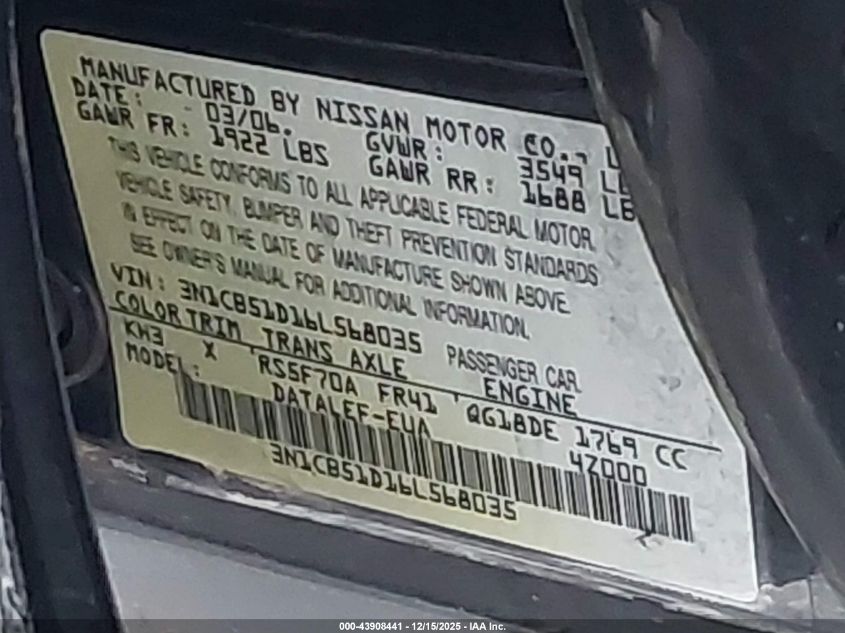 2006 Nissan Sentra 1.8S VIN: 3N1CB51D16L568035 Lot: 43908441