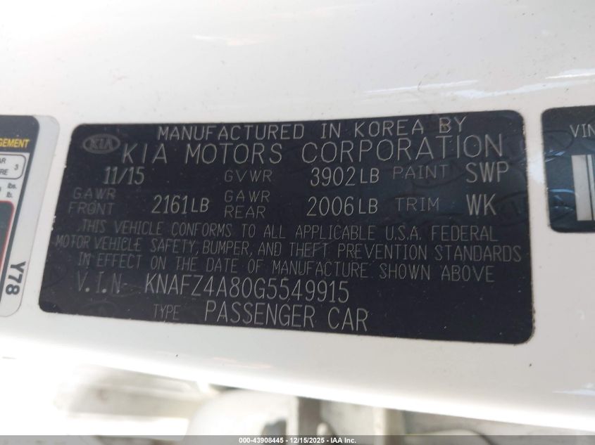 2016 Kia Forte Ex VIN: KNAFZ4A80G5549915 Lot: 43908445
