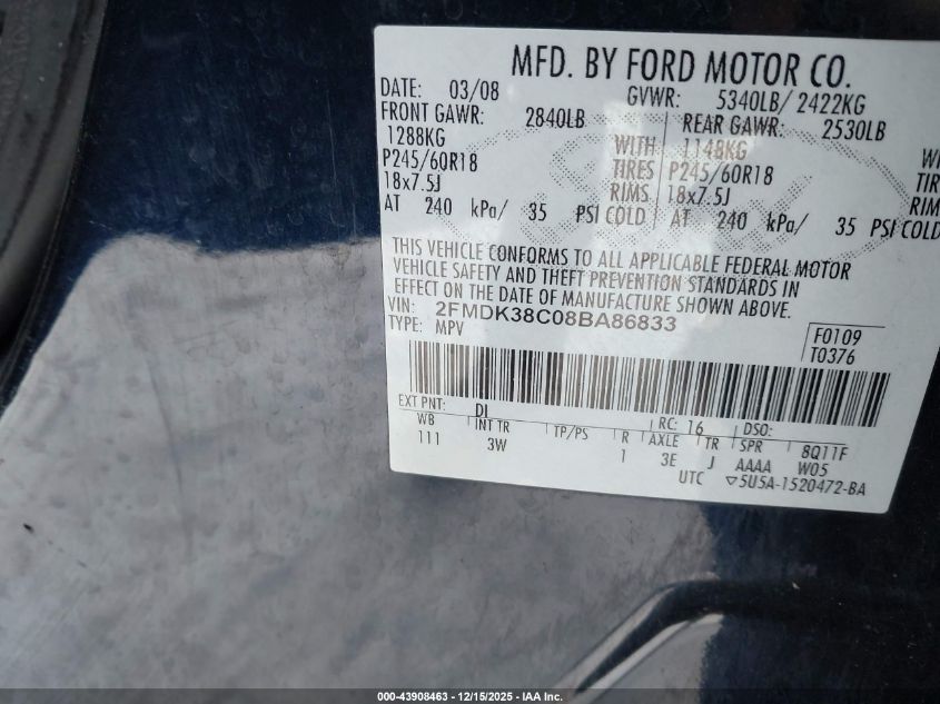 2008 Ford Edge Sel VIN: 2FMDK38C08BA86833 Lot: 43908463