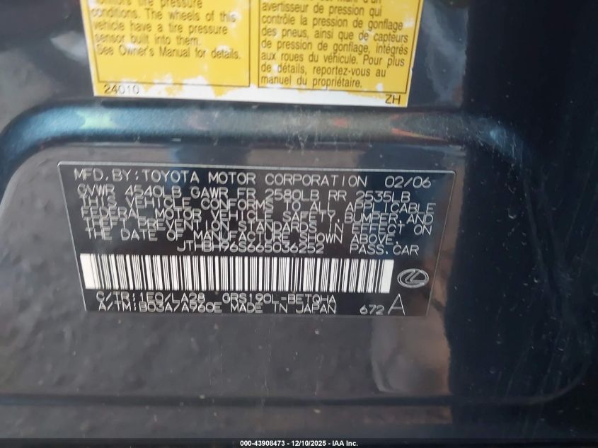 2006 Lexus Gs 300 VIN: JTHBH96S665036252 Lot: 43908473