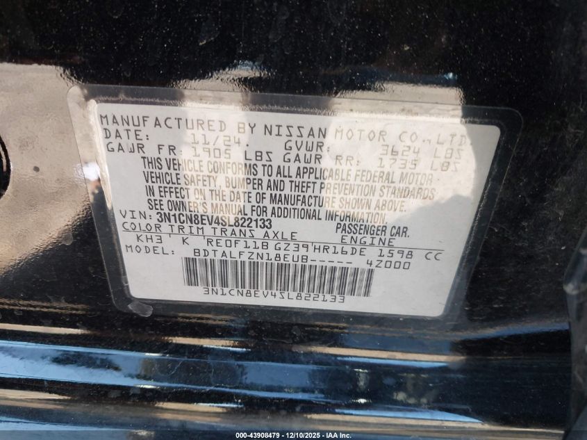 2025 Nissan Versa 1.6 Sv VIN: 3N1CN8EV4SL822133 Lot: 43908479