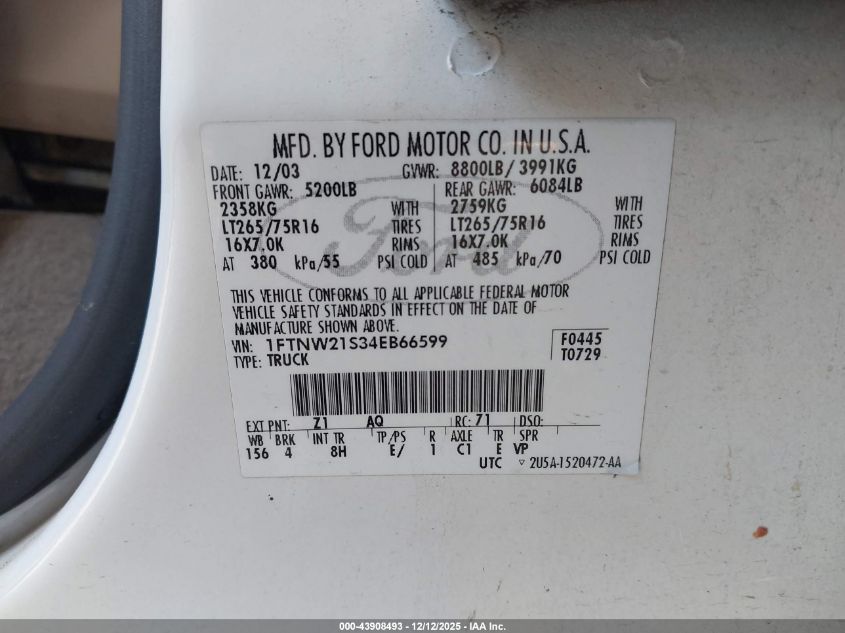 2004 Ford F-250 Lariat/Xl/Xlt VIN: 1FTNW21S34EB66599 Lot: 43908493