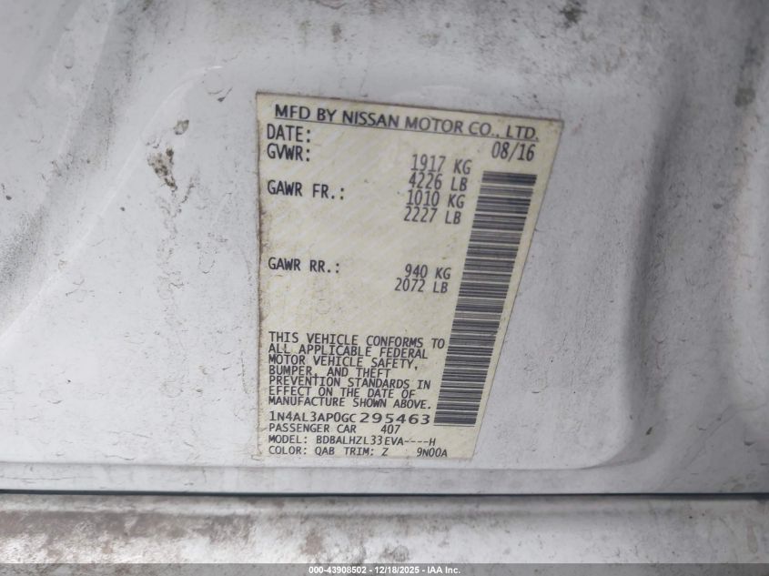2016 Nissan Altima 2.5 Sr VIN: 1N4AL3AP0GC295463 Lot: 43908502