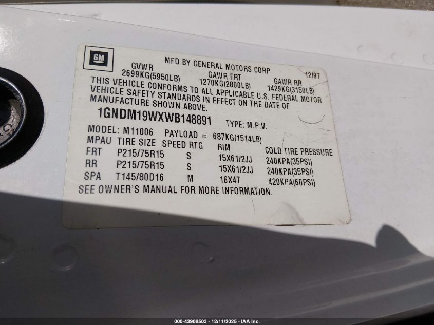 1998 Chevrolet Astro VIN: 1GNDM19WXWB148891 Lot: 43908503