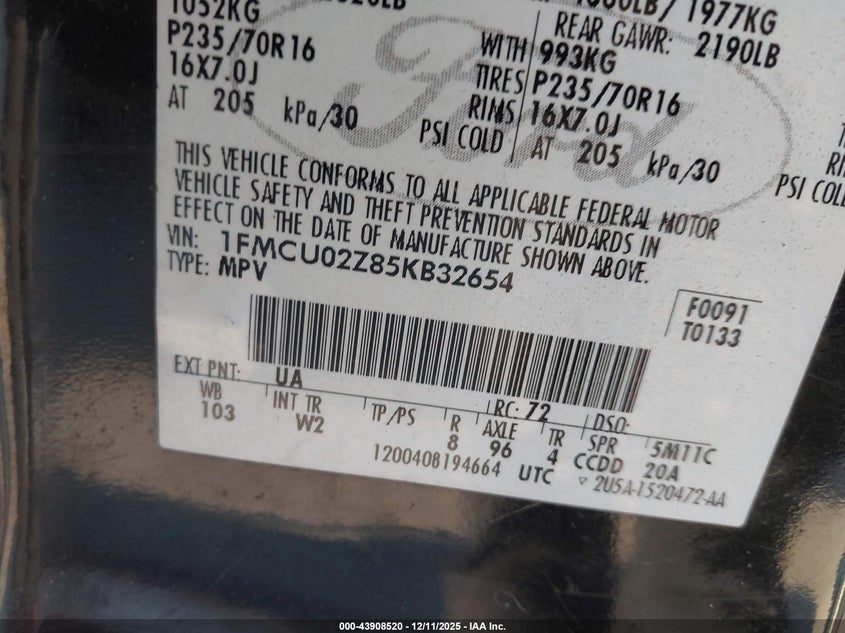 2005 Ford Escape Xls VIN: 1FMCU02Z85KB32654 Lot: 43908520