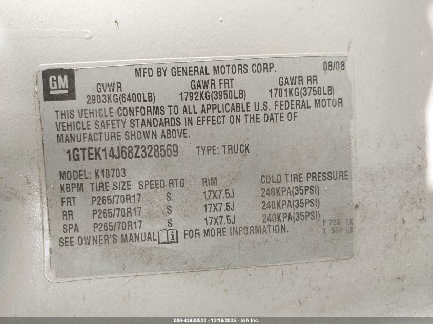 2008 GMC Sierra 1500 Sle1 VIN: 1GTEK14J68Z328569 Lot: 43908522
