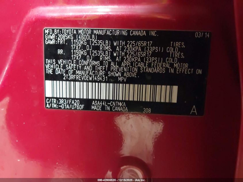 2014 Toyota Rav4 Xle VIN: 2T3RFREV0EW149431 Lot: 43908535