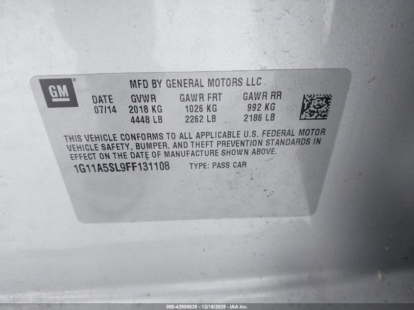 2015 Chevrolet Malibu 1Fl VIN: 1G11A5SL9FF131108 Lot: 43908539