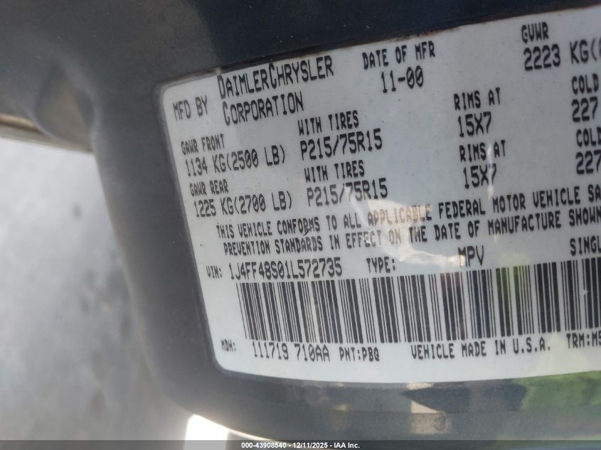 2001 Jeep Cherokee Sport VIN: 1J4FF48S01L572735 Lot: 43908540