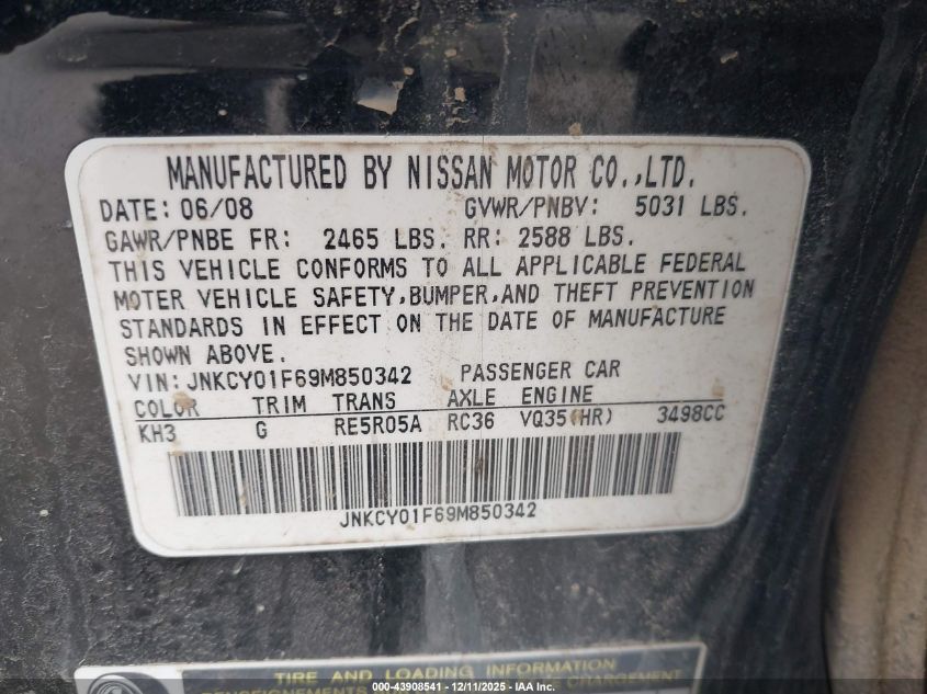 2009 Infiniti M35X VIN: JNKCY01F69M850342 Lot: 43908541