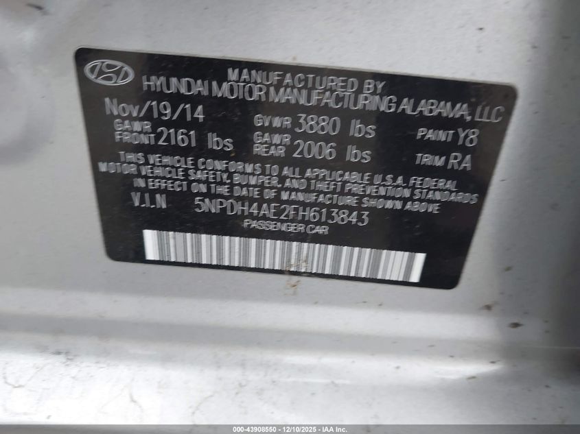 2015 Hyundai Elantra Se VIN: 5NPDH4AE2FH613843 Lot: 43908550