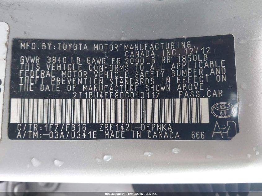 2013 Toyota Corolla Le VIN: 2T1BU4EE8DC010117 Lot: 43908551