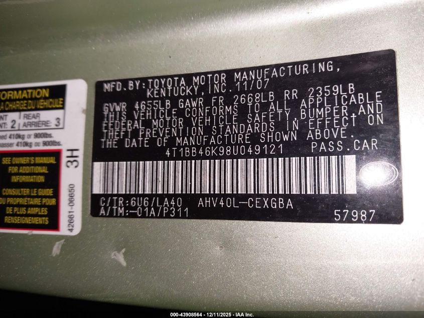 2008 Toyota Camry Hybrid VIN: 4T1BB46K98U049121 Lot: 43908564