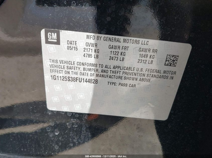2015 Chevrolet Impala 2Lt VIN: 1G1125S38FU144828 Lot: 43908566