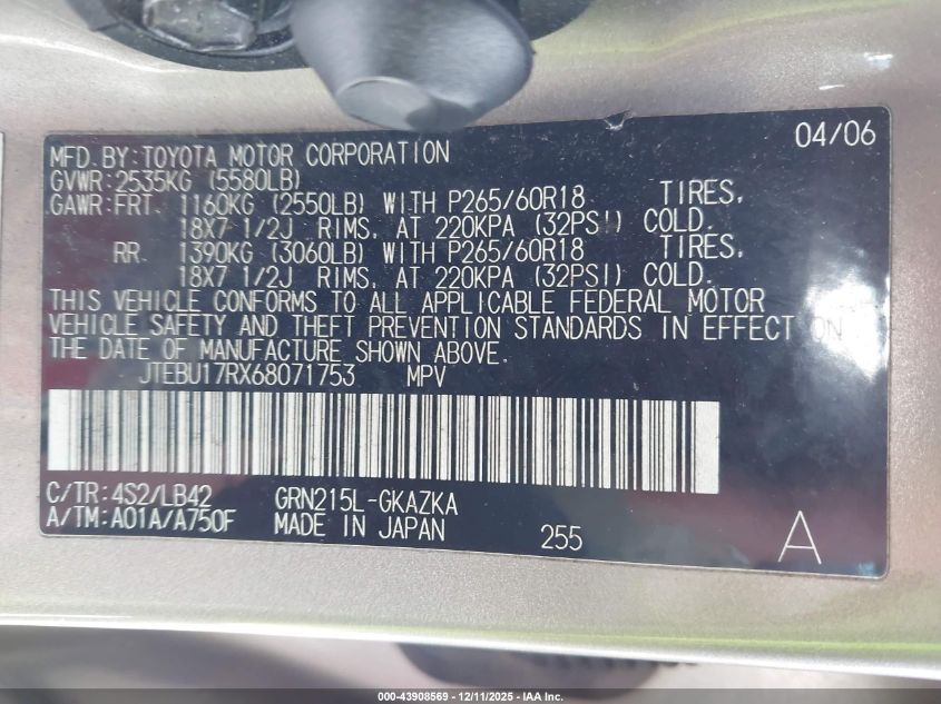 2006 Toyota 4Runner Limited V6 VIN: JTEBU17RX68071753 Lot: 43908569