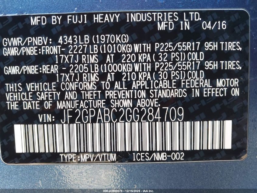 2016 Subaru Crosstrek 2.0I Premium VIN: JF2GPABC2GG284709 Lot: 43908578