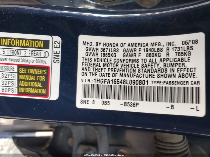 2008 Honda Civic Lx VIN: 1HGFA16548L090801 Lot: 43908581