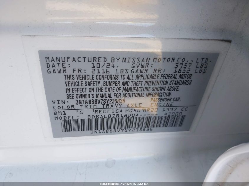 2025 Nissan Sentra S VIN: 3N1AB8BV7SY235836 Lot: 43908583