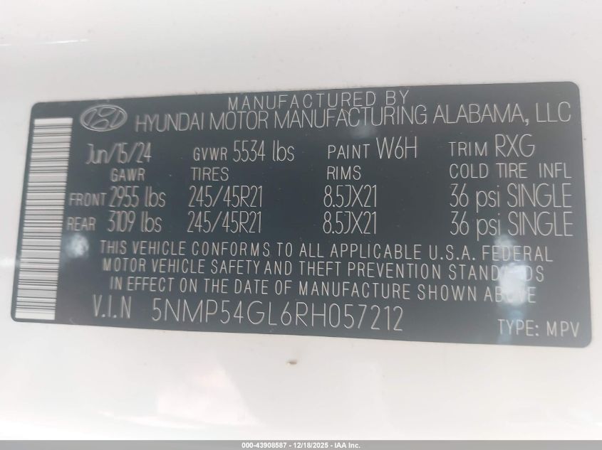 2024 Hyundai Santa Fe Calligraphy VIN: 5NMP54GL6RH057212 Lot: 43908587