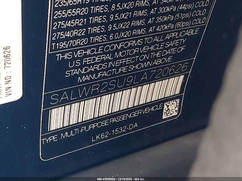 2020 Land Rover Range Rover Sport Hse Mhev VIN: SALWR2SU9LA720626 Lot: 43908594