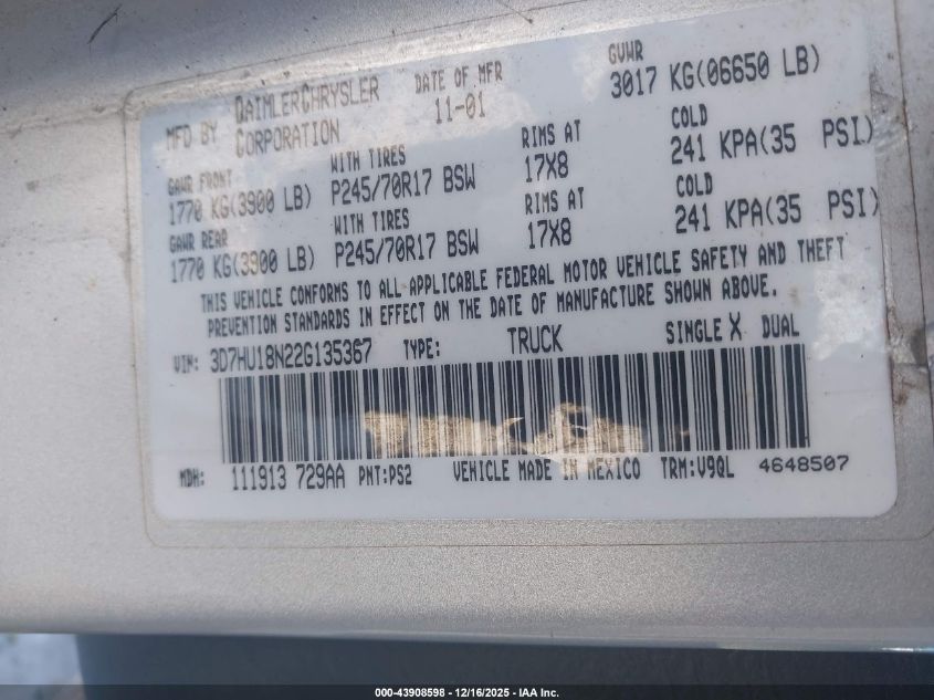 2002 Dodge Ram 1500 St VIN: 3D7HU18N22G135367 Lot: 43908598