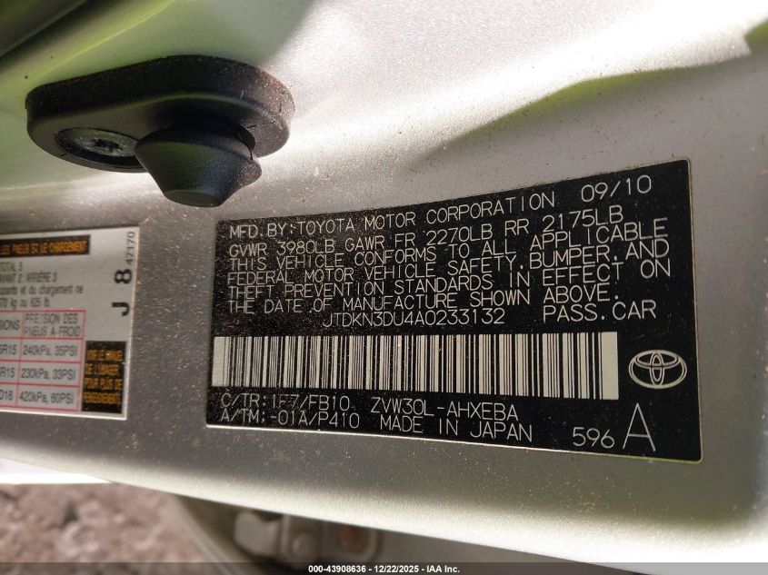 2010 Toyota Prius Ii VIN: JTDKN3DU4A0233132 Lot: 43908636