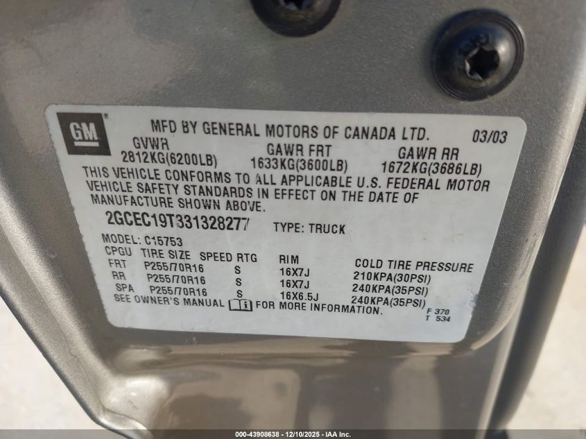 2003 Chevrolet Silverado 1500 Ls VIN: 2GCEC19T331328277 Lot: 43908638