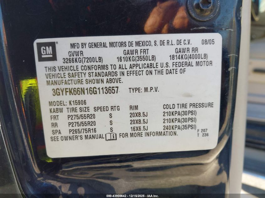 2006 Cadillac Escalade Esv Standard VIN: 3GYFK66N16G113657 Lot: 43908642