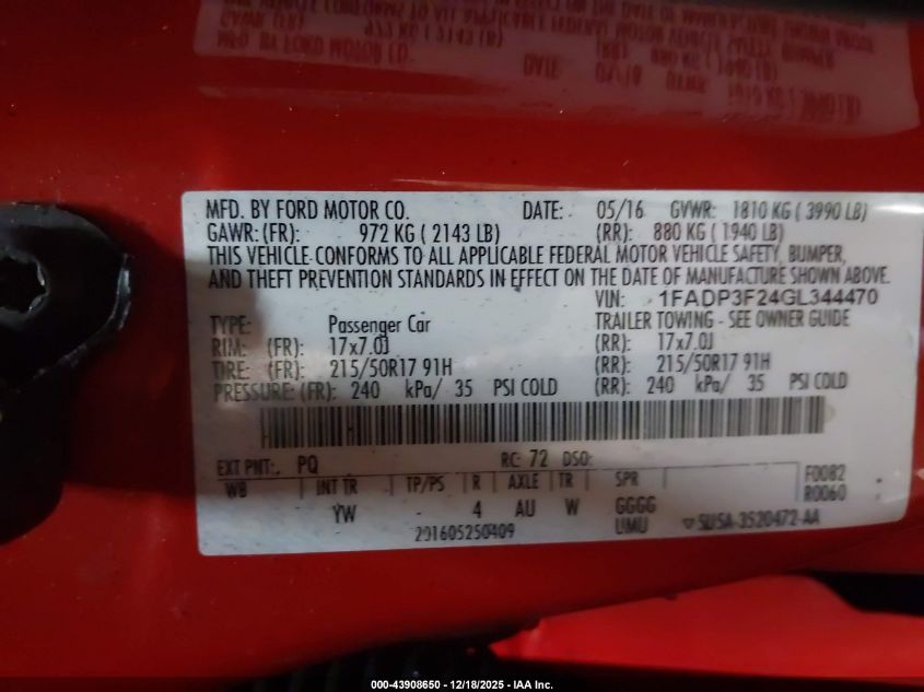 2016 Ford Focus Se VIN: 1FADP3F24G0344470 Lot: 43908650