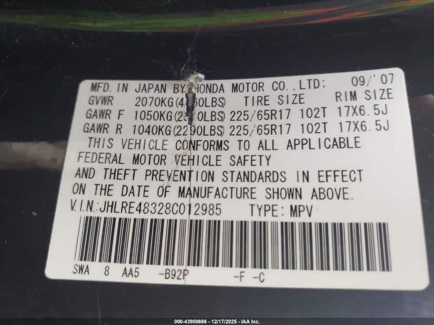 2008 Honda Cr-V Lx VIN: JHLRE48328C012985 Lot: 43908666