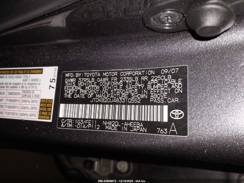 2008 Toyota Prius VIN: JTDKB20U483310552 Lot: 43908672