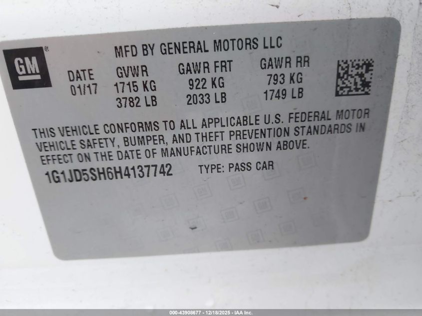 2017 Chevrolet Sonic Lt Auto VIN: 1G1JD5SH6H4137742 Lot: 43908677