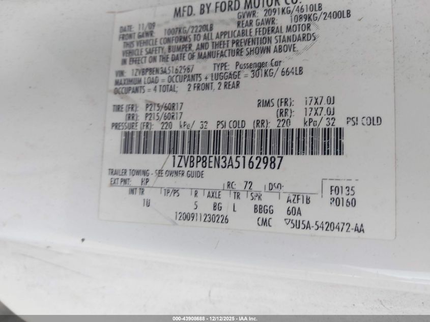 2010 Ford Mustang V6/V6 Premium VIN: 1ZVBP8EN3A5162987 Lot: 43908688