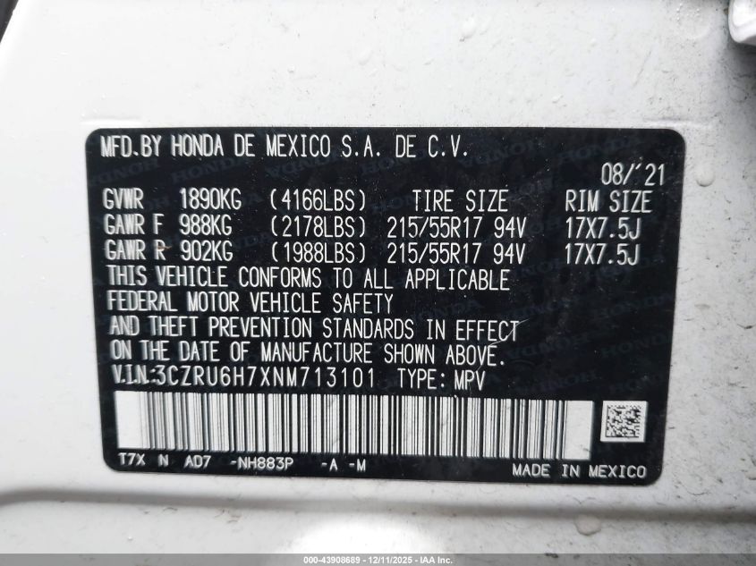 2022 Honda Hr-V Awd Ex-L VIN: 3CZRU6H7XNM713101 Lot: 43908689