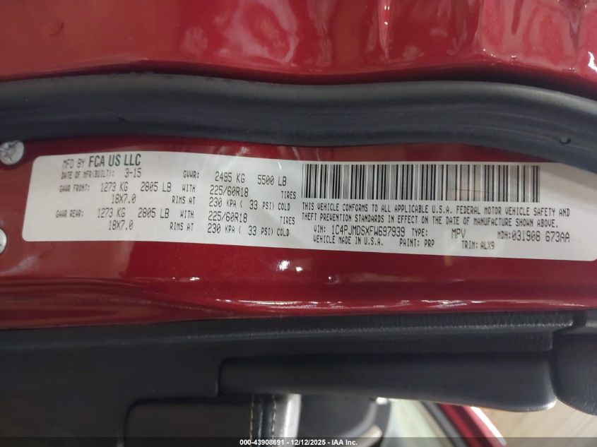 2015 Jeep Cherokee Limited VIN: 1C4PJMDSXFW697939 Lot: 43908691