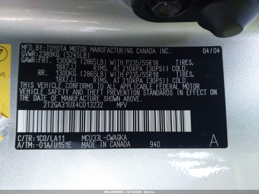 2004 Lexus Rx 330 VIN: 2T2GA31UX4C013232 Lot: 43908693