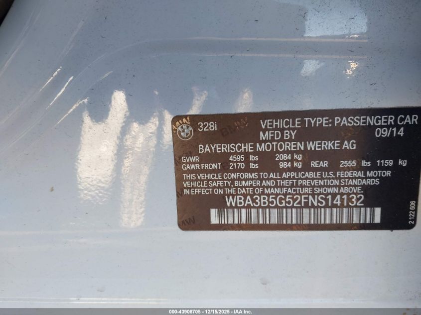 2015 BMW 328I xDrive VIN: WBA3B5G52FNS14132 Lot: 43908705
