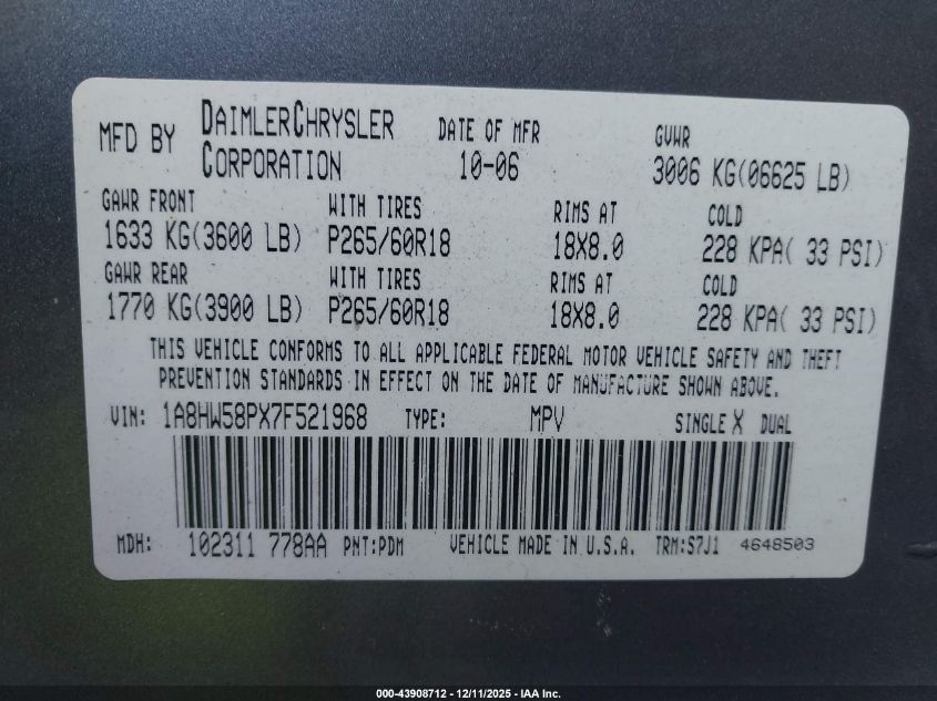 2007 Chrysler Aspen Limited VIN: 1A8HW58PX7F521968 Lot: 43908712